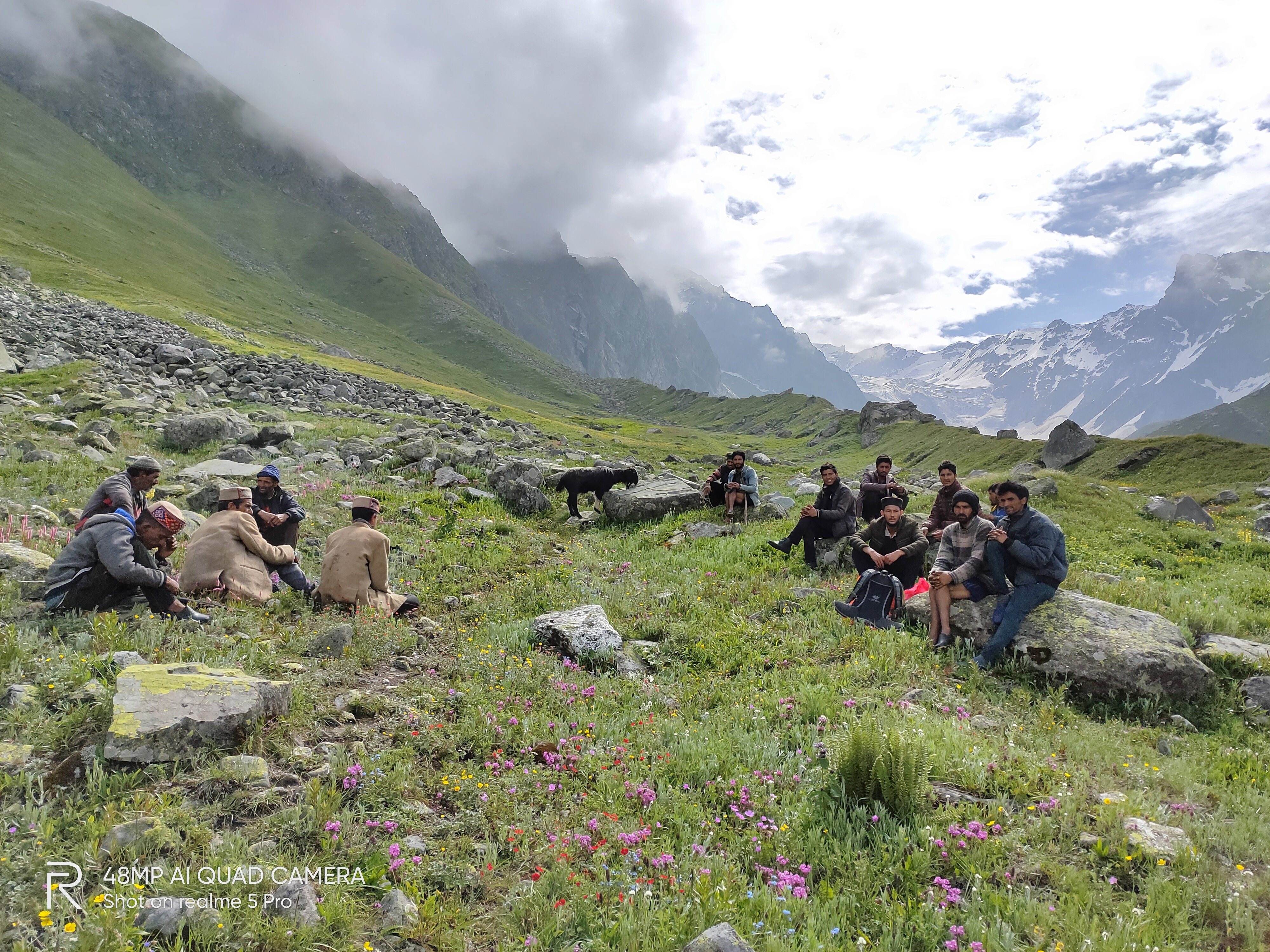 Local group resting in a flower-filled alpine meadow