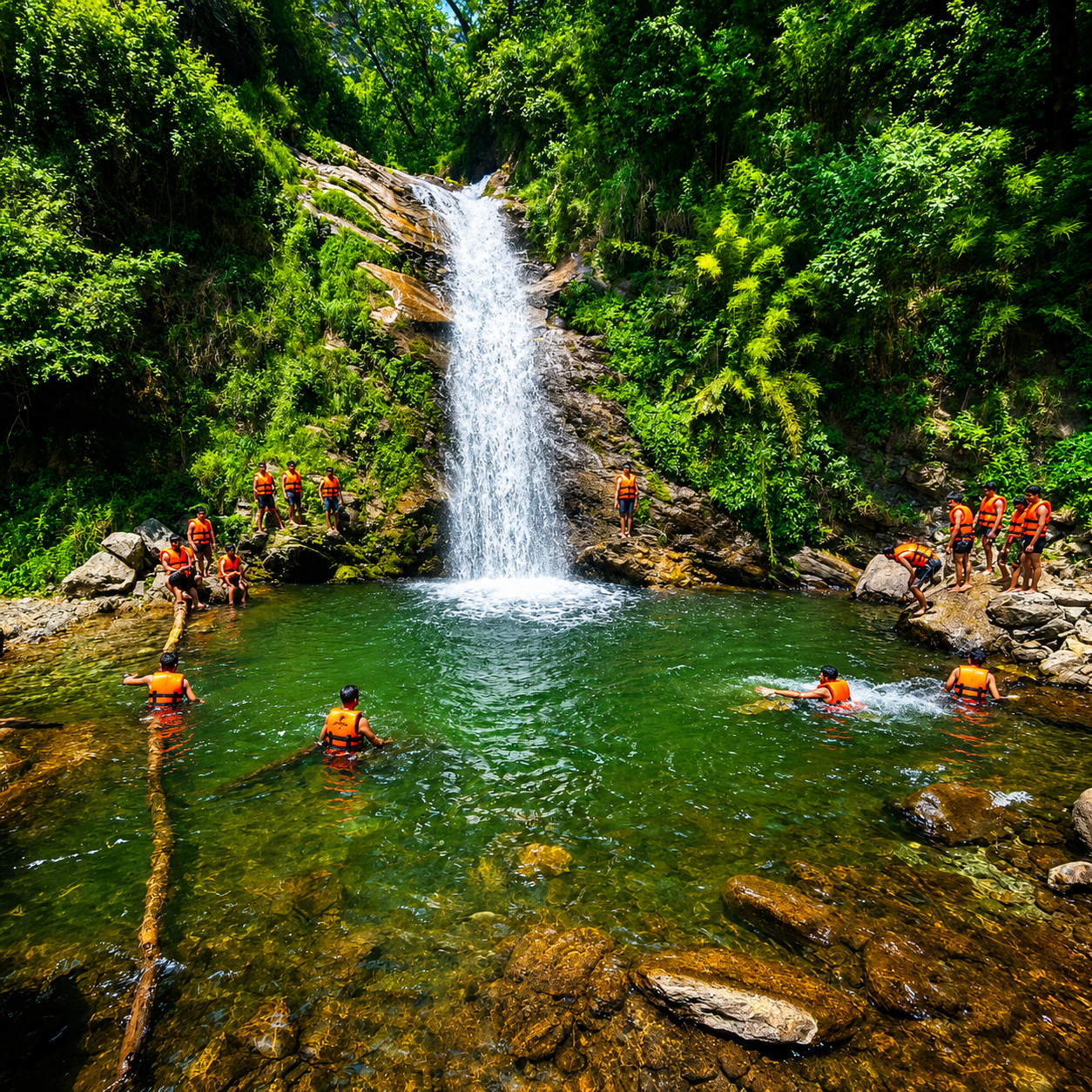 People swimming beneath a forest waterfall in the Himalayan foothills